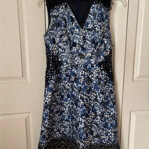 Tahari Black and Blue Sheath Mini Dress V-Neck Sleeveless